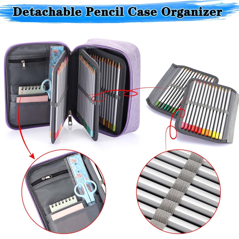 BTSKYÂ® High Capacity Zipper Pens Pencil Case- Multi-Functional Stationery Pouch 72 Slots Colored Portable Pencil Bags With 2 Removable Sleeves(Purple) - Image 5